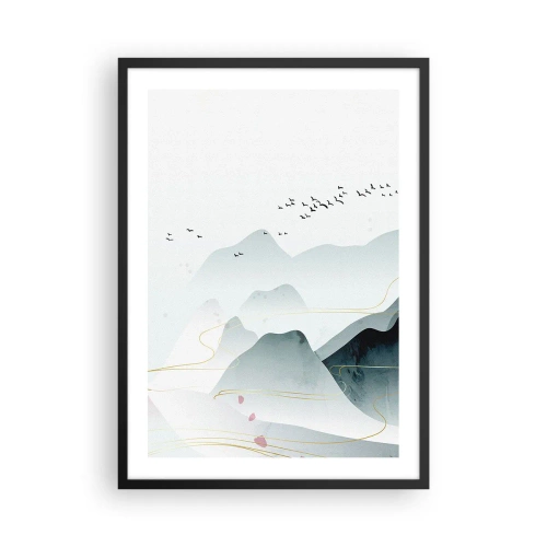 Poster in een zwarte lijst - Delicate bergen en vogels in een minimalistische compositie - 50x70cm - Over de toppen - Moderne wanddecoratie voor woonkamer en slaapkamer ARTTOR
