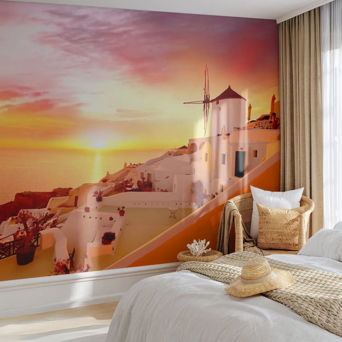 Fotobehang Premium Sand - Spreiden in wit en goud - Landschap, Santorini, Griekenland - 100x70 cm