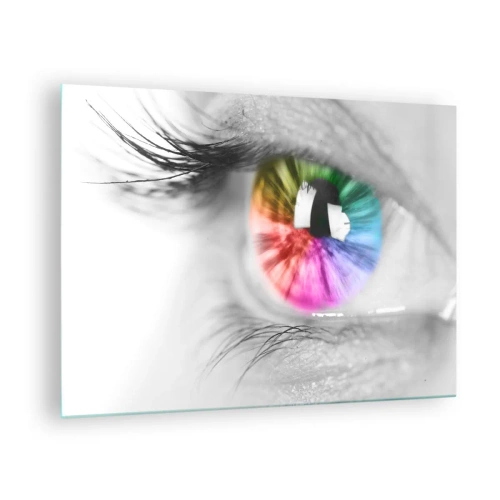 Schilderen op glas - Kleurrijke iris op een zwart-witte achtergrond - 70x50cm - Kijk naar de wereld in kleuren - Moderne wanddecoratie voor woonkamer en slaapkamer ARTTOR