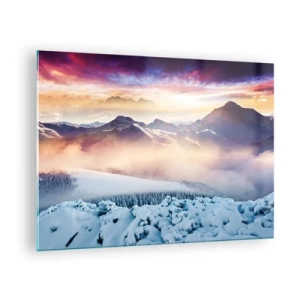 Schilderen op glas - Winterberglandschap met ondergaande zon en mist - 70x50cm - De kracht en puurheid van de natuur - Moderne wanddecoratie voor woonkamer en slaapkamer ARTTOR