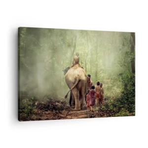 Schilderen op canvas - Kinderen met een olifant in een groen bos in het ochtendlicht - 70x50cm - Nieuw Jungle Boek - Moderne wanddecoratie voor woonkamer en slaapkamer ARTTOR