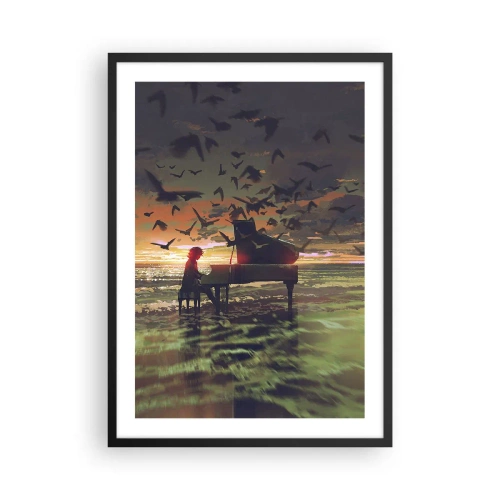 Poster in een zwarte lijst - Silhouet van een pianist tegen de achtergrond van een zonsondergang - 50x70cm - Concert voor piano en golven - Moderne wanddecoratie voor woonkamer en slaapkamer ARTTOR