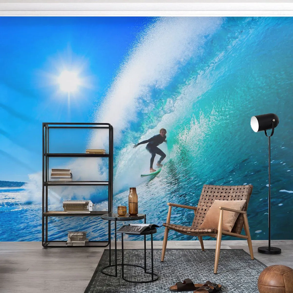 Fotobehang Premium Canvas - Door het grote blauw - Sport, Surfer, Zee - 250x175 cm