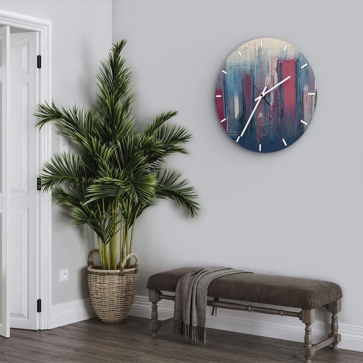 Wandklok - Klok - Verticale compositie in blauw en rood - 40x40 cm