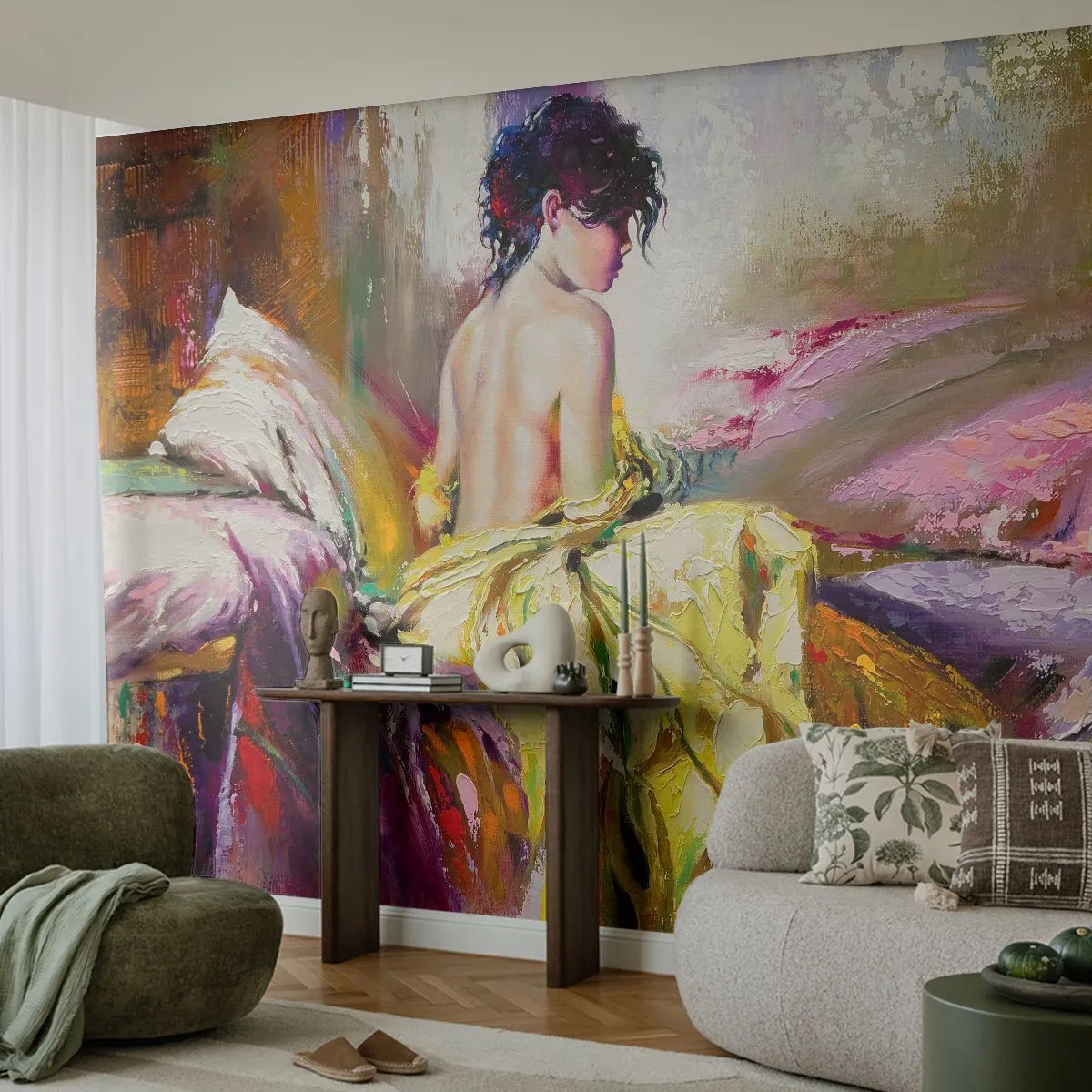 Fotobehang Premium Sand - Tussen de lippen en de rand van de cup - Vrouw, Lichaam, Deel - 100x70 cm