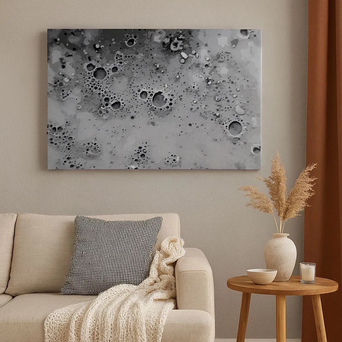 Schilderen op canvas - Abstract zwart-wit bubbelpatroon - 70x50cm - Als een maanlandschap - Moderne wanddecoratie voor woonkamer en slaapkamer ARTTOR