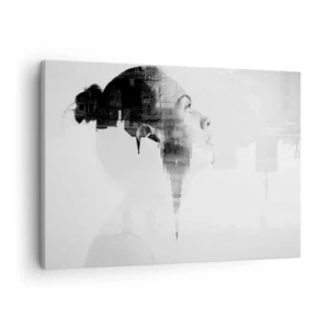 Schilderen op canvas - Portret van een vrouw met de contouren van een stad op de achtergrond, zwart-witte kleuren - 70x50cm - Aan beide zijden van het glas - Moderne wanddecoratie voor woonkamer en slaapkamer ARTTOR