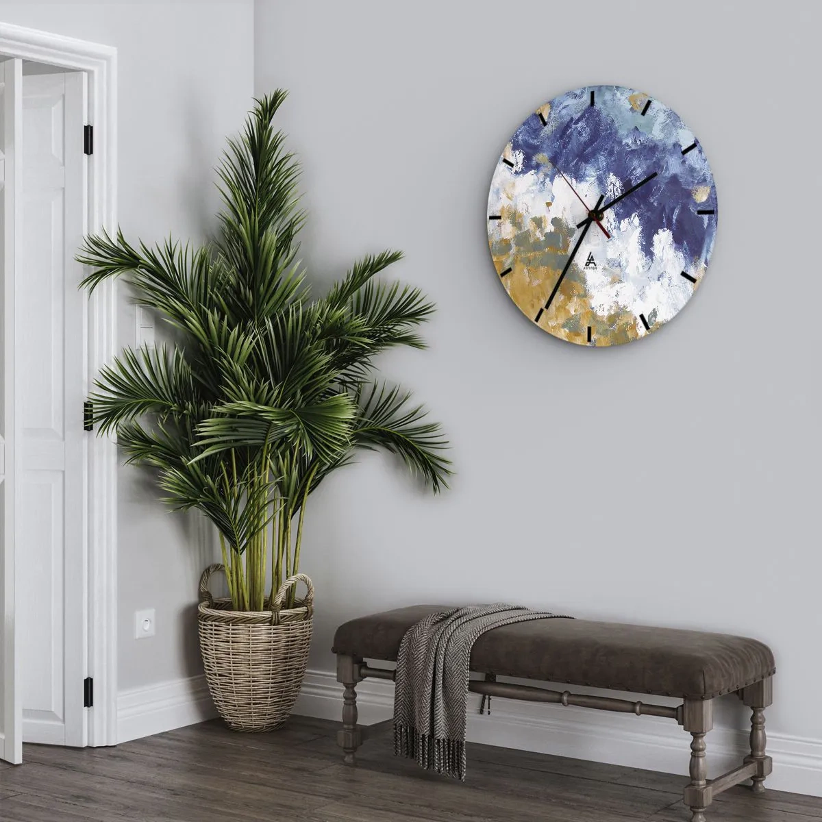 Wandklok - Klok - Expressieve abstractie in tinten blauw, wit en oker - 30x30cm - Dans der Elementen - Moderne wanddecoratie voor woonkamer, keuken en slaapkamer ARTTOR