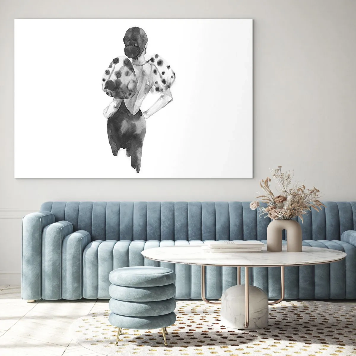 Schilderen op glas - Zwart-wit silhouet van een vrouw in een elegante outfit - 70x50cm - Ze kwam langs - Moderne wanddecoratie voor woonkamer en slaapkamer ARTTOR
