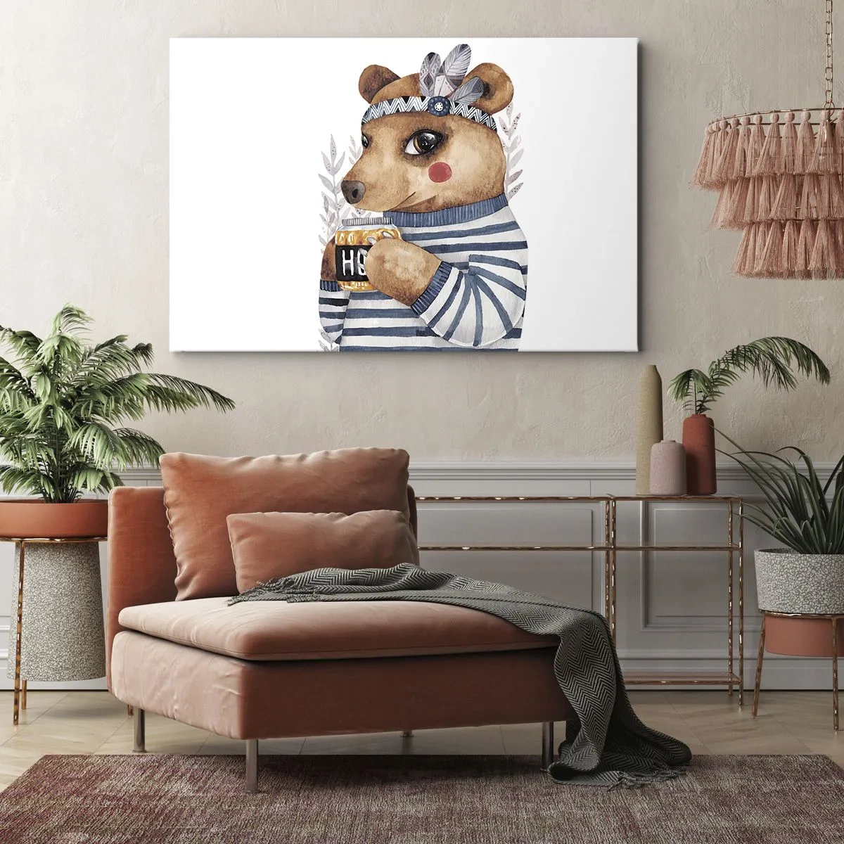 Schilderen op canvas - Een teddybeer in een gestreepte trui met een kopje honing - 70x50cm - Zoete beer - Moderne wanddecoratie voor woonkamer en slaapkamer ARTTOR