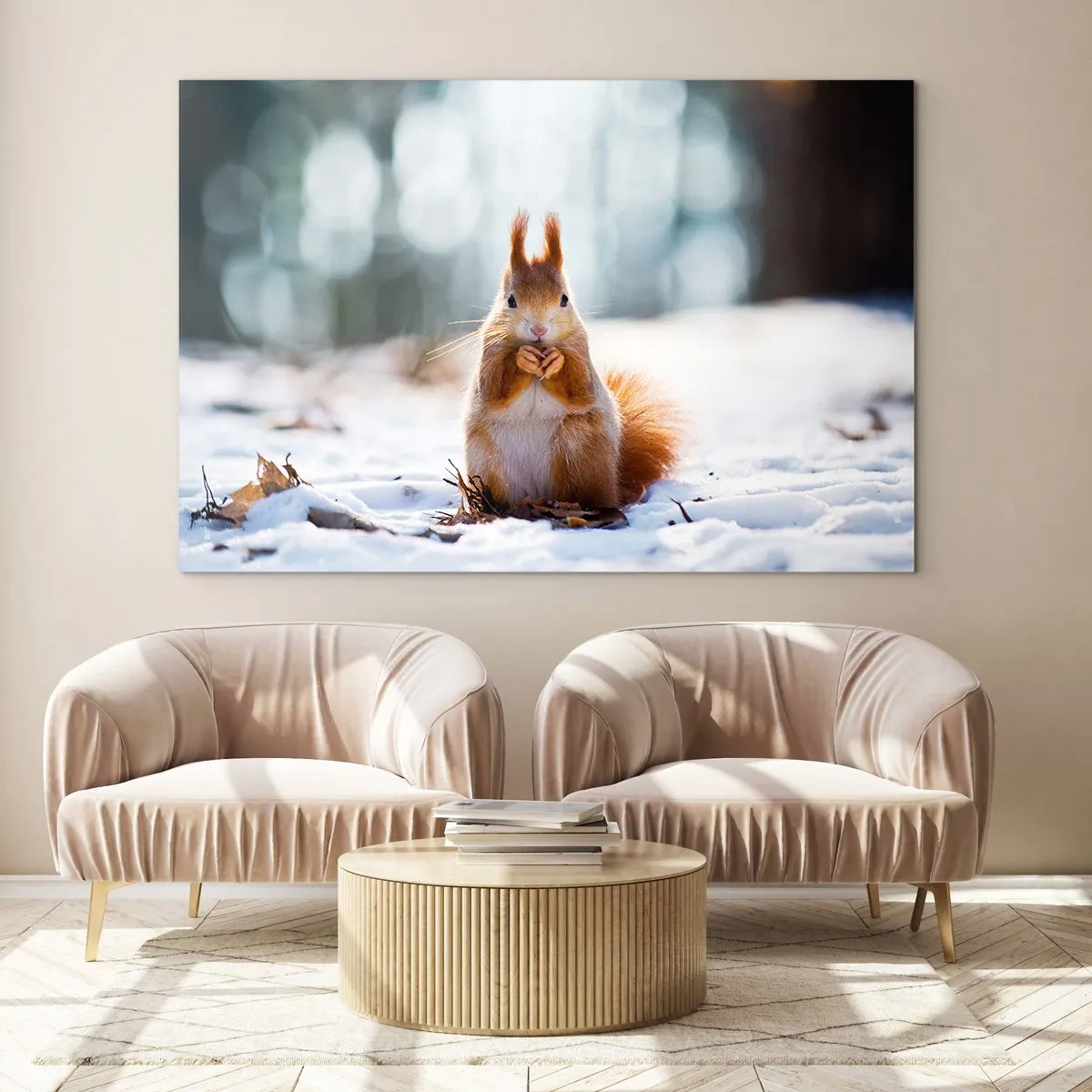 Schilderen op glas - Eekhoorn in de sneeuw met een noot in het winterbos - 70x50cm - Waar kijk je naar? - Moderne wanddecoratie voor woonkamer en slaapkamer ARTTOR