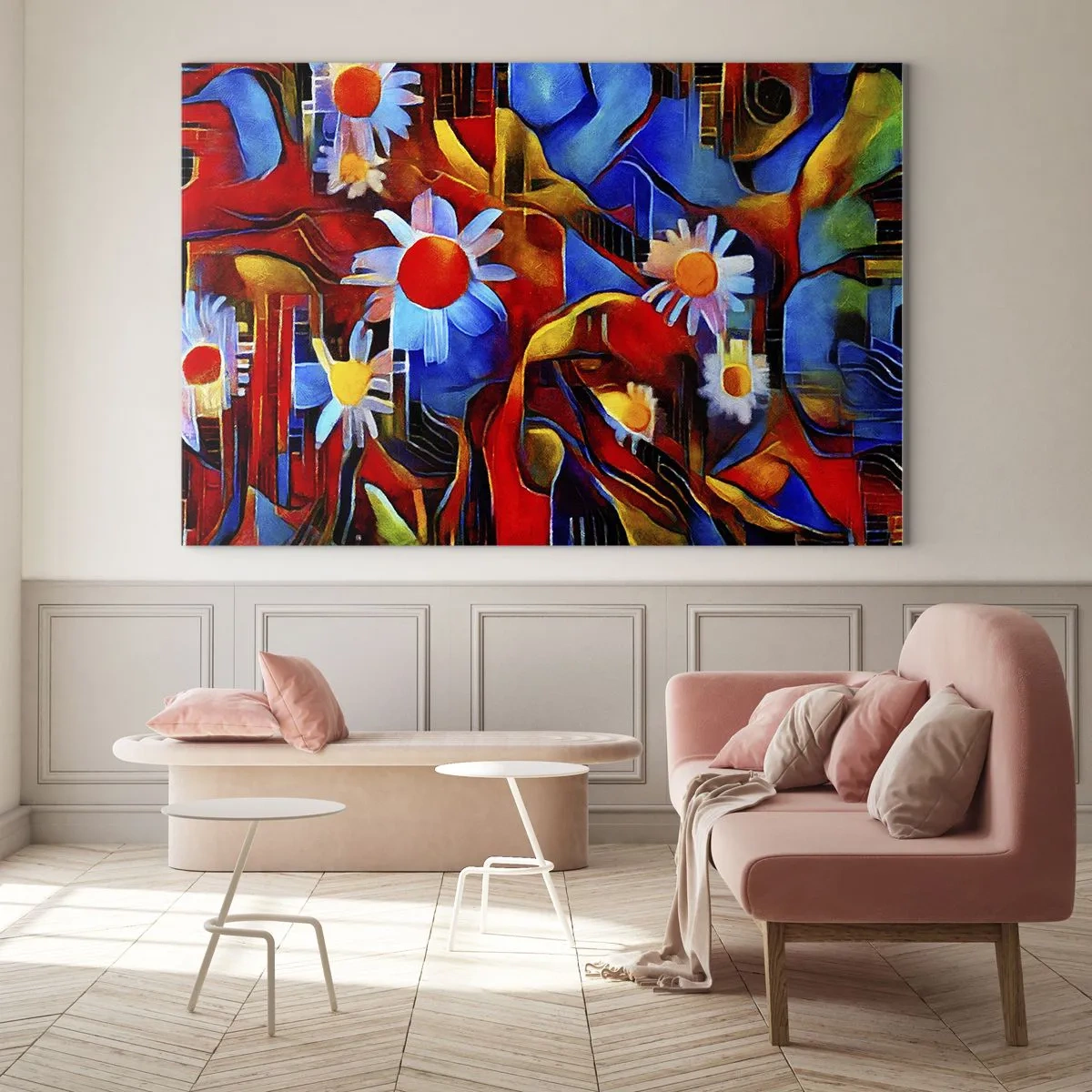 Schilderen op glas - Kleurrijke abstracte bloemen tegen een achtergrond van intense kleuren - 70x50cm - De kleuren van het leven - Moderne wanddecoratie voor woonkamer en slaapkamer ARTTOR