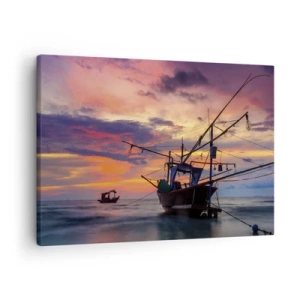 Schilderen op canvas - Een vissersboot tegen de achtergrond van een kleurrijke zonsondergang - 70x50cm - Exotische avond - Moderne wanddecoratie voor woonkamer en slaapkamer ARTTOR