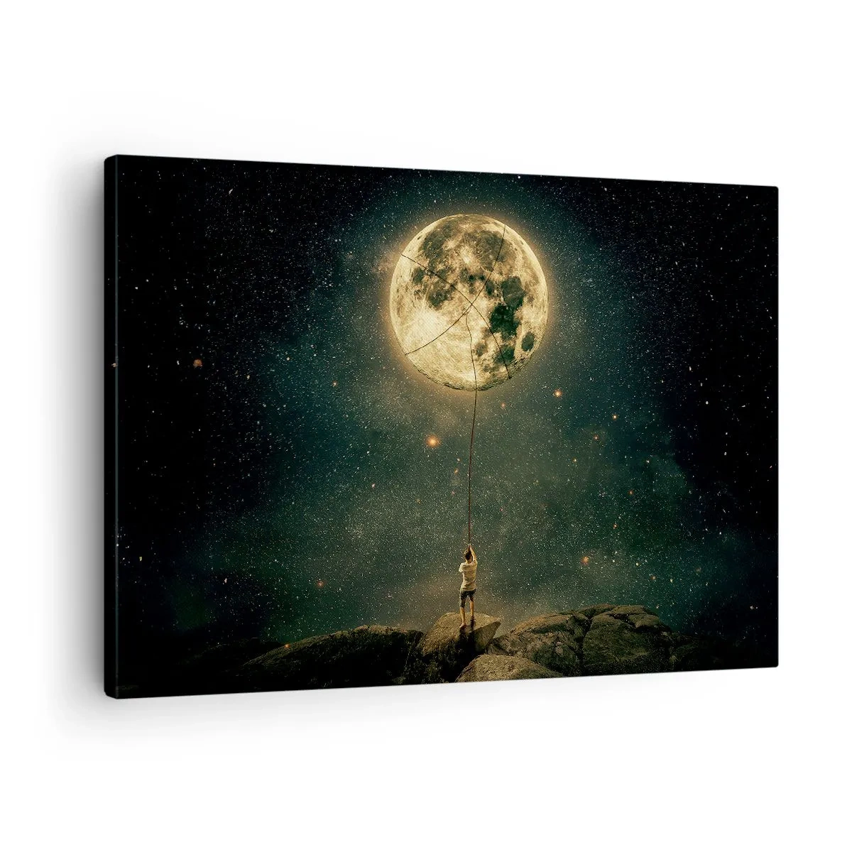 Schilderen op canvas - Man met de maan tegen de sterrenhemel - 70x50cm - Iemand die de maan heeft gestolen - Moderne wanddecoratie voor woonkamer en slaapkamer ARTTOR