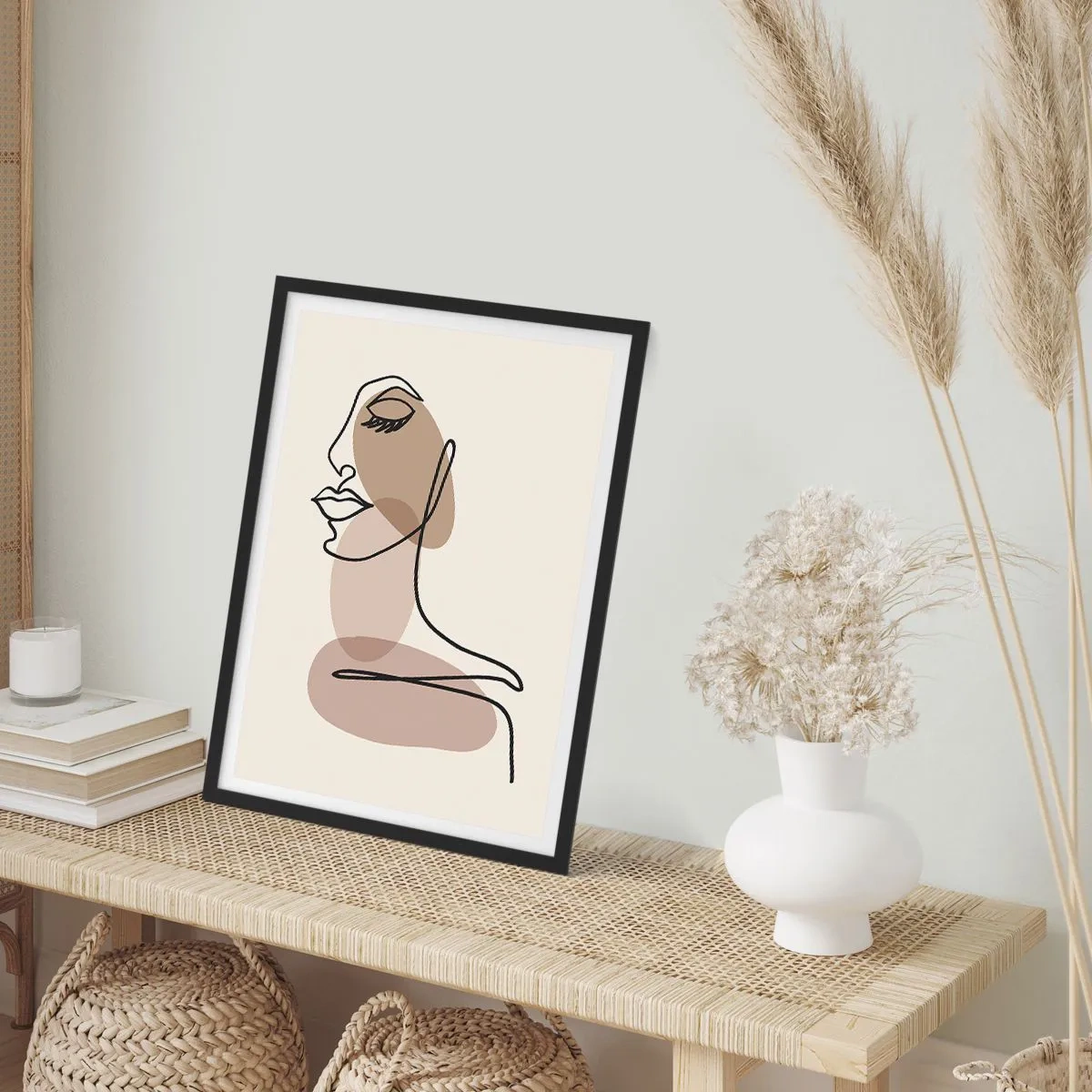 Poster in een zwarte lijst - Een minimalistisch portret van een vrouw in abstracte bruine tinten - 50x70cm - Een bepaalde lijn van schoonheid - Moderne wanddecoratie voor woonkamer en slaapkamer ARTTOR