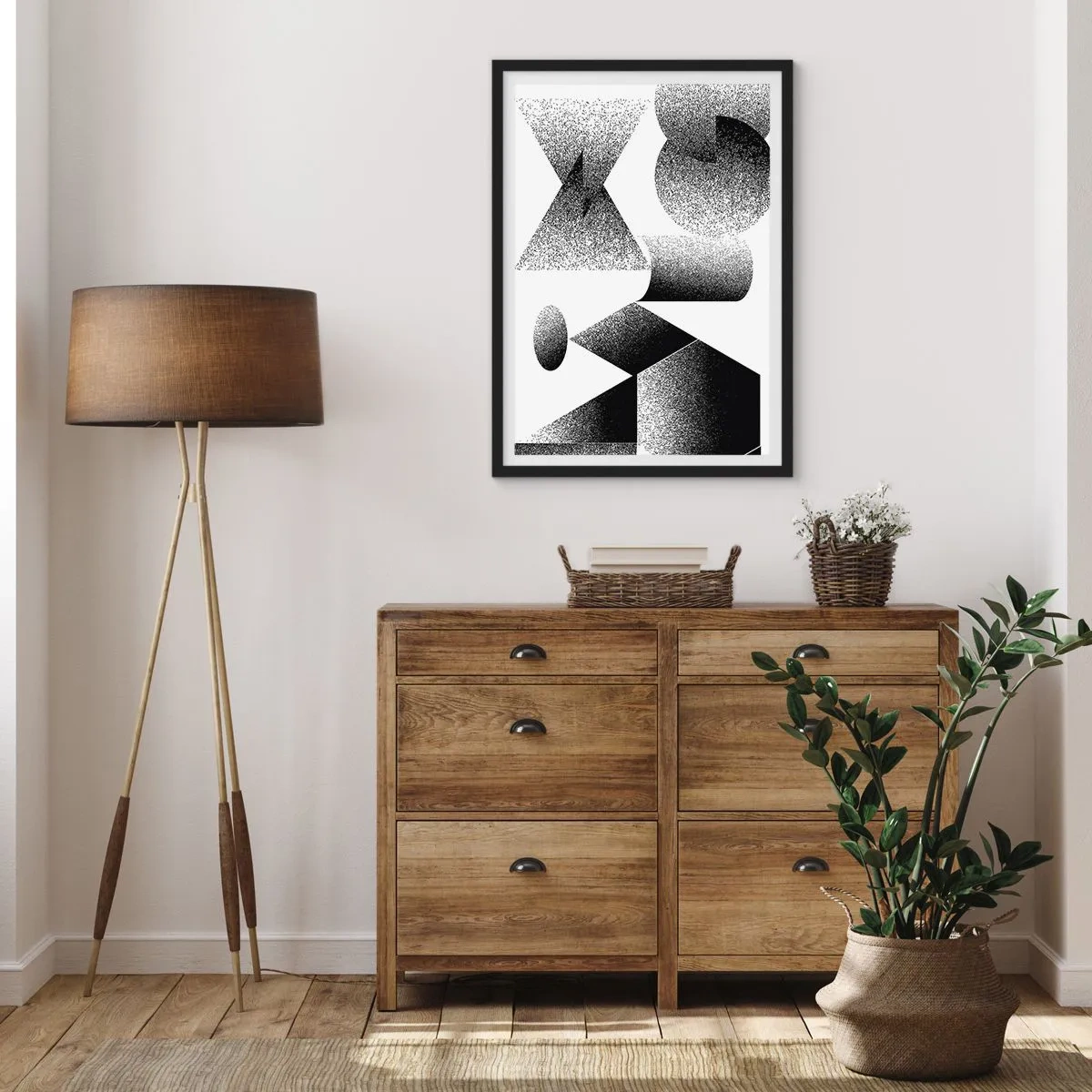 Poster in een zwarte lijst - Abstracte compositie van geometrische vormen in zwart-wit - 50x70cm - Hoeken en ovalen - Moderne wanddecoratie voor woonkamer en slaapkamer ARTTOR