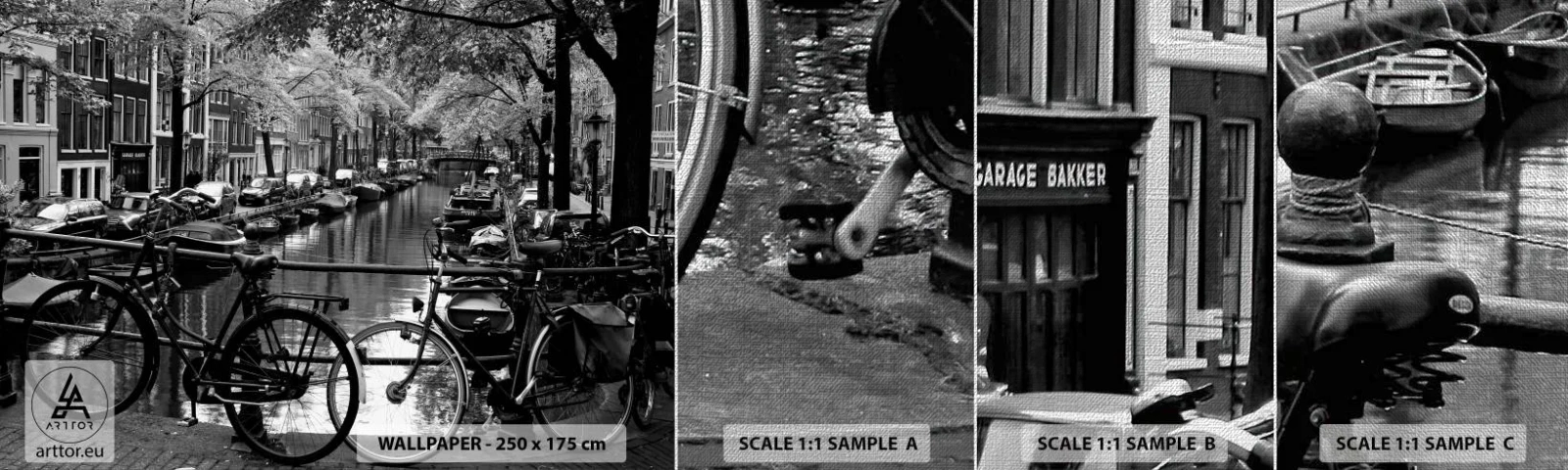 Fotobehang Monster Premium Canvas - Een heel Nederlands uitzicht - Amsterdam, Fiets, Architectuur - 100x30 cm