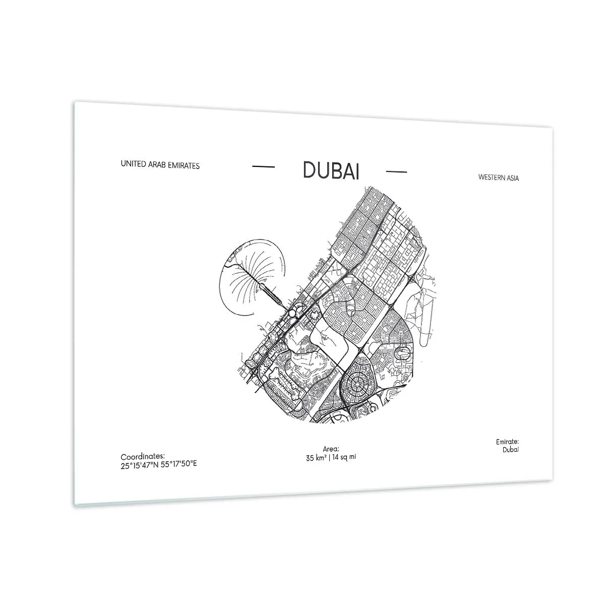 Schilderen op glas - Een minimalistische kaart van Dubai in zwart-witstijl. - 70x50cm - Anatomie van Dubai - Moderne wanddecoratie voor woonkamer en slaapkamer ARTTOR