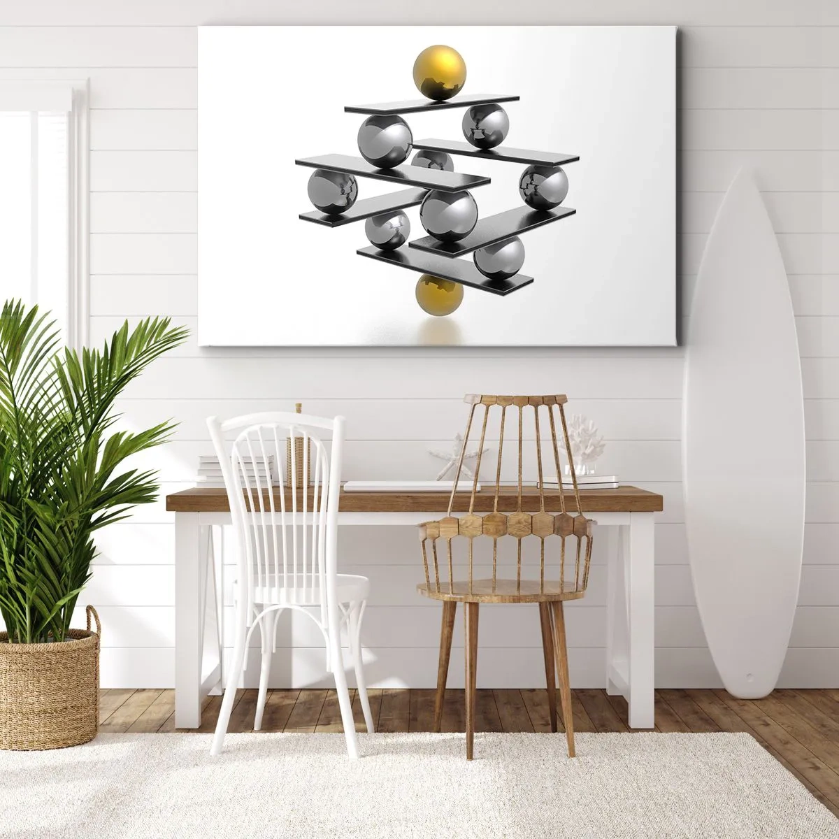 Schilderen op canvas - Geometrische compositie met metalen ballen en een gouden accent - 70x50cm - Goud-zilver balans - Moderne wanddecoratie voor woonkamer en slaapkamer ARTTOR