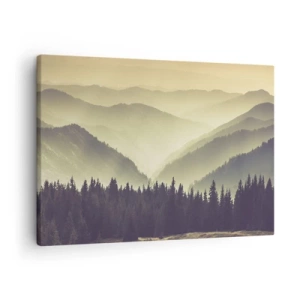 Schilderen op canvas - Schilderachtige bergketens gehuld in mist in warm licht - 70x50cm - Achter de zeven bergen... - Moderne wanddecoratie voor woonkamer en slaapkamer ARTTOR