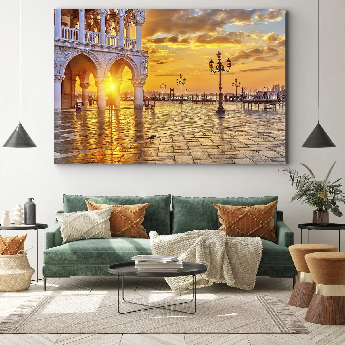 Schilderen op canvas - Gouden zonsondergang op het stadsplein met arcaden en lampen - 70x50cm - Waar is iedereen? - Moderne wanddecoratie voor woonkamer en slaapkamer ARTTOR