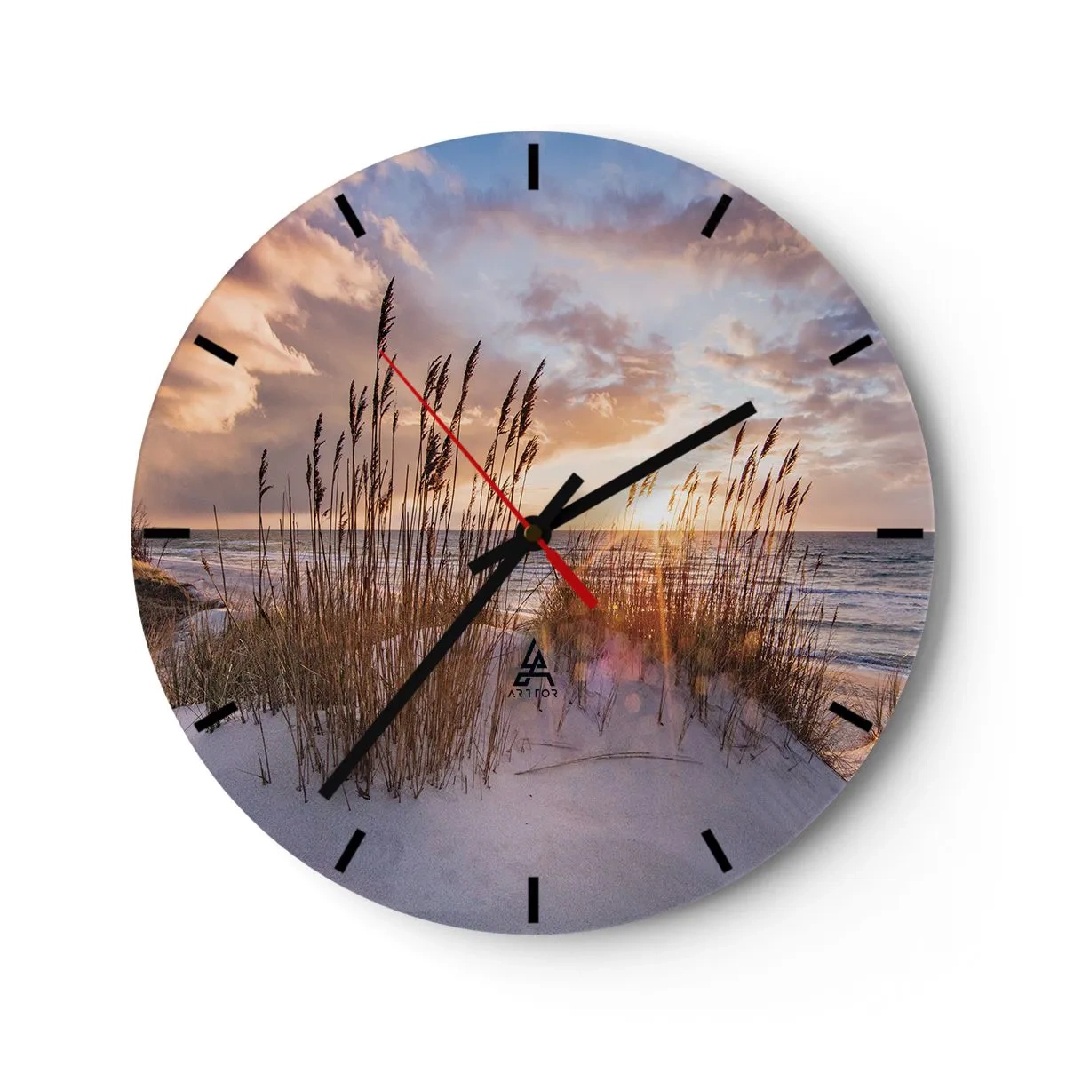 Wandklok - Klok - Zonsondergang boven de zee met zand en gras op de duinen - 30x30cm - Afscheid van de zon en de wind - Moderne wanddecoratie voor woonkamer, keuken en slaapkamer ARTTOR