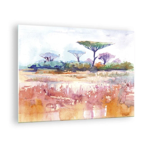 Schilderen op glas - Aquarel savannelandschap met bomen en vegetatie - 70x50cm - Savanne kleuren - Moderne wanddecoratie voor woonkamer en slaapkamer ARTTOR