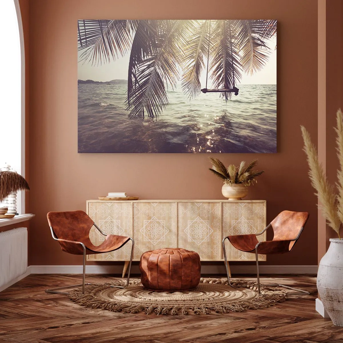 Schilderen op canvas - Palmboom met schommel boven het water in het zonlicht - 70x50cm - Je kunt naar believen in de wolken slingeren - Moderne wanddecoratie voor woonkamer en slaapkamer ARTTOR