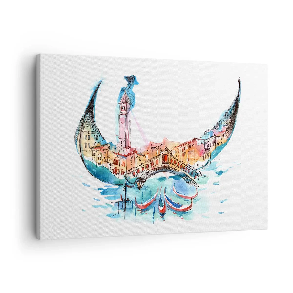 Schilderen op canvas - Een aquarelcompositie van Venetië in de vorm van een gondel - 70x50cm - We varen door de stad - Moderne wanddecoratie voor woonkamer en slaapkamer ARTTOR