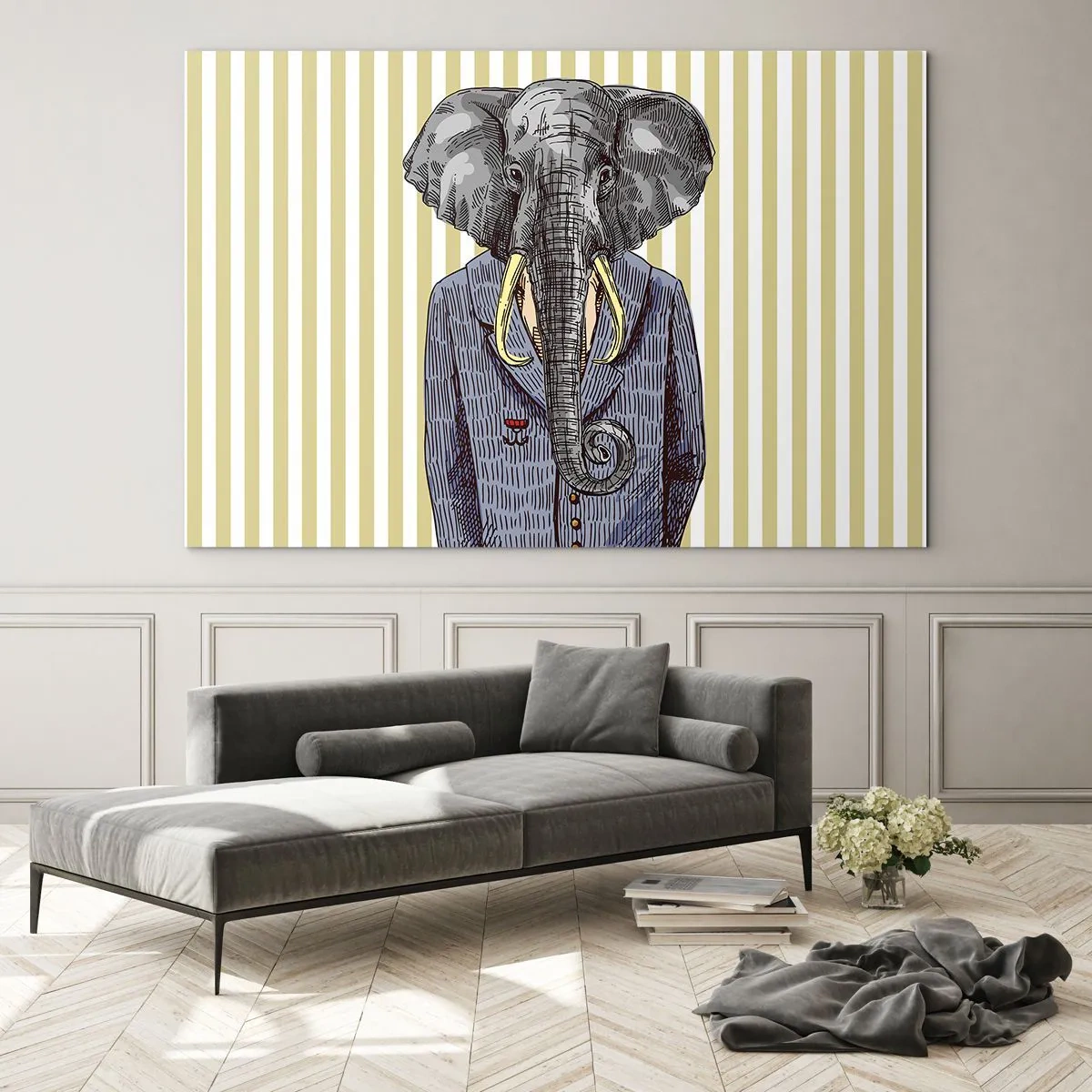 Schilderen op glas - Een olifant in een pak tegen een achtergrond van gele strepen - 70x50cm - Elegant van nature - Moderne wanddecoratie voor woonkamer en slaapkamer ARTTOR