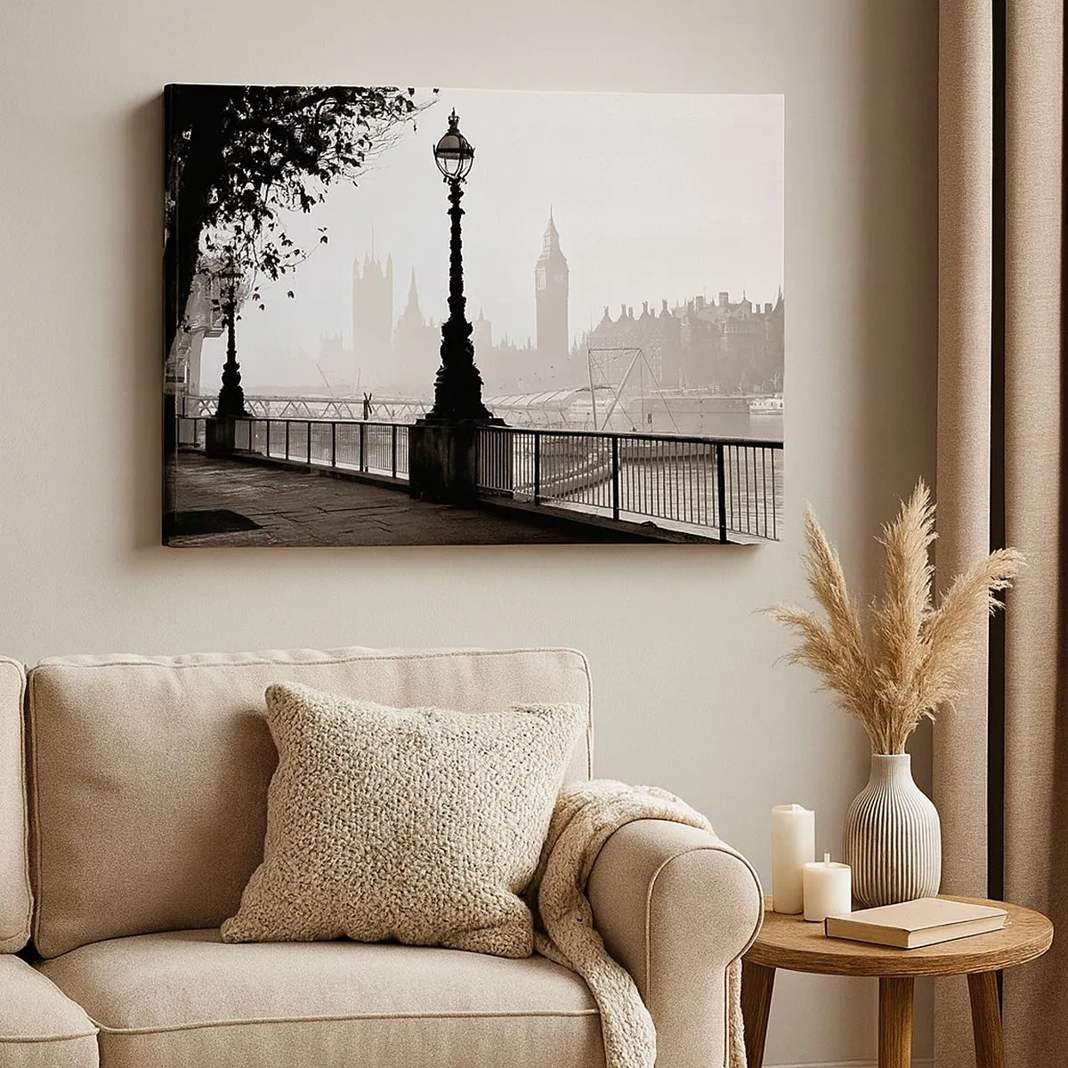 Schilderen op canvas - Een monochroom beeld van Big Ben en de Theems. - 70x50cm - Ochtend in Londen - Moderne wanddecoratie voor woonkamer en slaapkamer ARTTOR