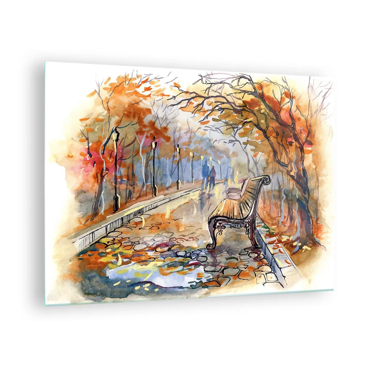 Schilderen op glas - Een herfststeegje met een bankje in artistieke aquarelstijl - 70x50cm - Samen wandelen in de herfst - Moderne wanddecoratie voor woonkamer en slaapkamer ARTTOR