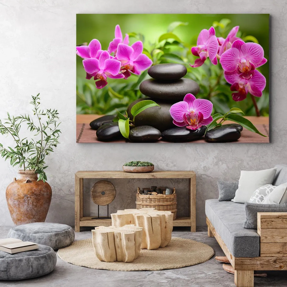 Schilderen op canvas - Roze orchideeën met stenen op een groene achtergrond - 70x50cm - De piramide van vrede - Moderne wanddecoratie voor woonkamer en slaapkamer ARTTOR