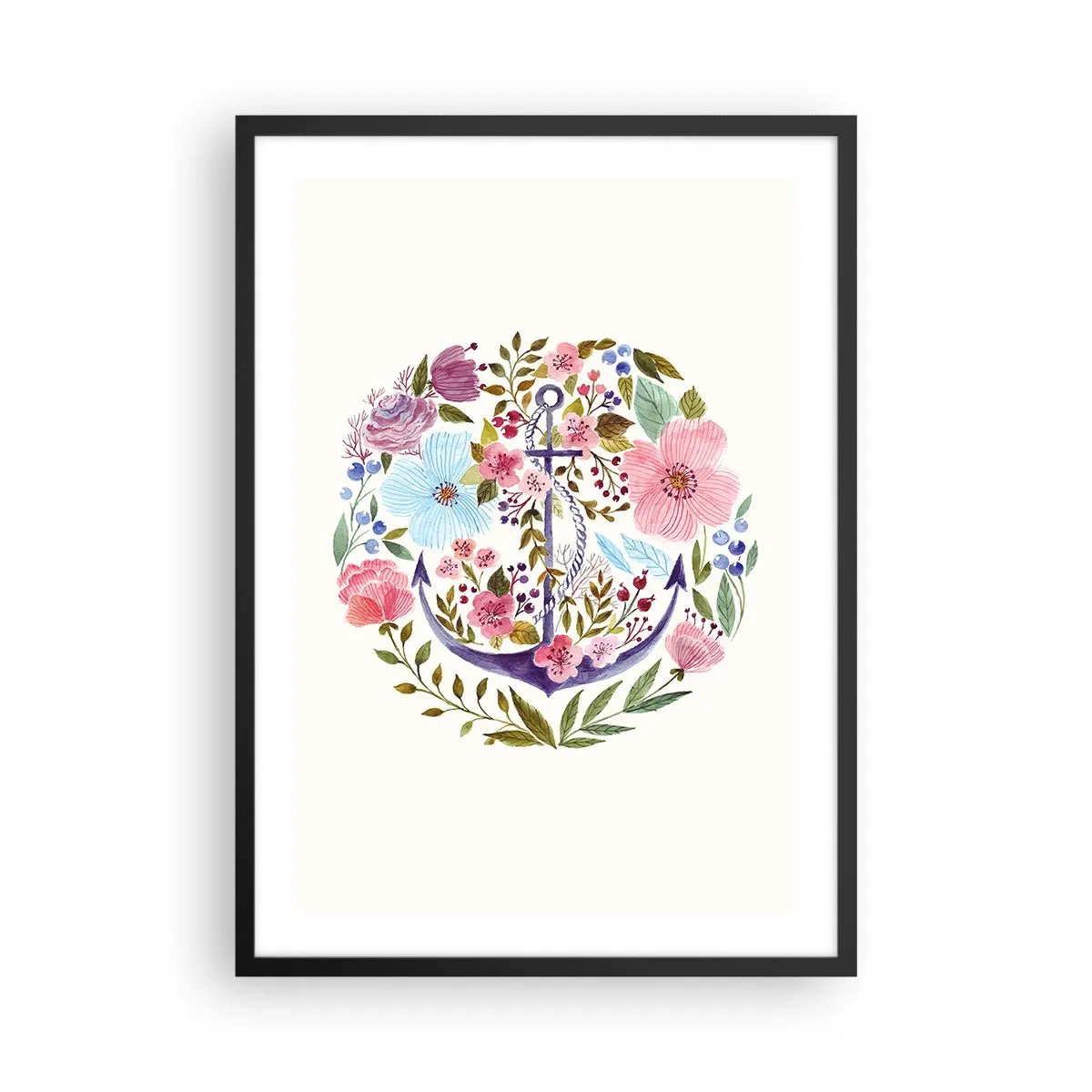 Poster in een zwarte lijst - Een aquarelanker omgeven door bloemen op een lichte achtergrond. - 50x70cm - Goede droom van zeeman - Moderne wanddecoratie voor woonkamer en slaapkamer ARTTOR