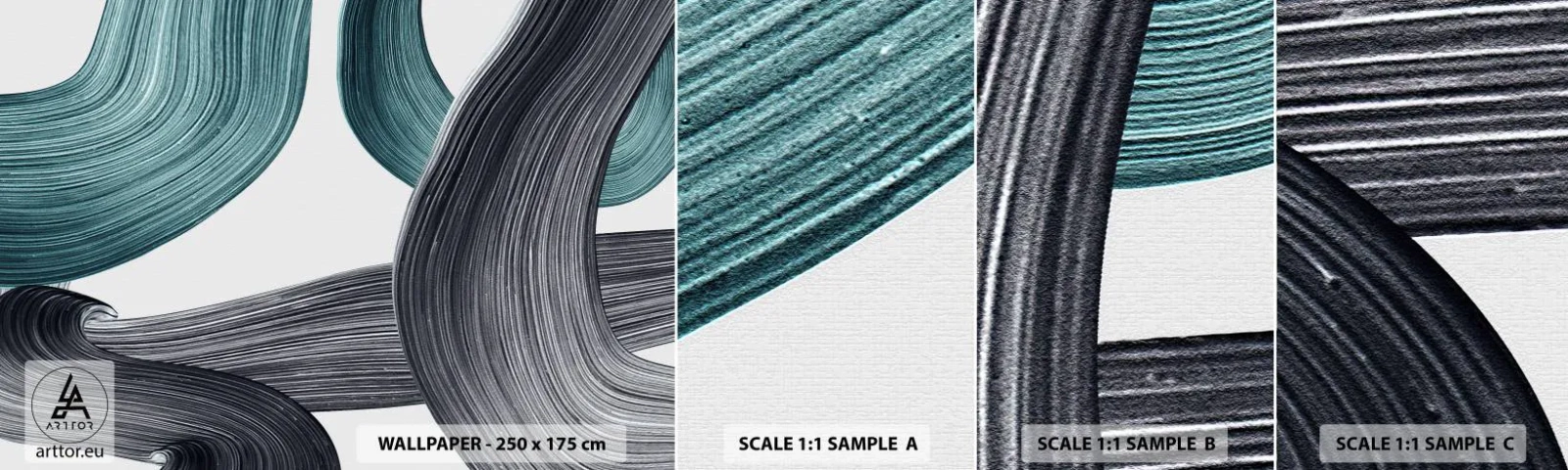 Fotobehang Monster Zelfklevend Deluxe Sticker - Smaragdgroene en zwarte paden - Verf, Borstel, Minimalisme - 100x30 cm