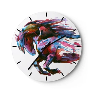 Wandklok - Klok - Een dynamisch paard in aquarelkleuren met vloeiende manen - 30x30cm - In vervoering - Moderne wanddecoratie voor woonkamer, keuken en slaapkamer ARTTOR