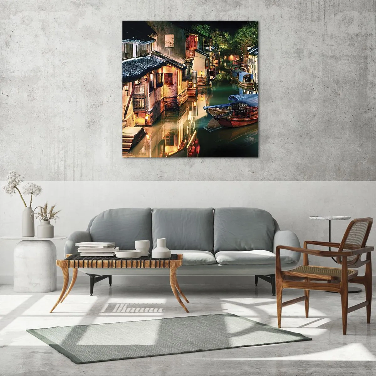 Schilderen op glas - Een avond op een Chinese straat - 70x70 cm