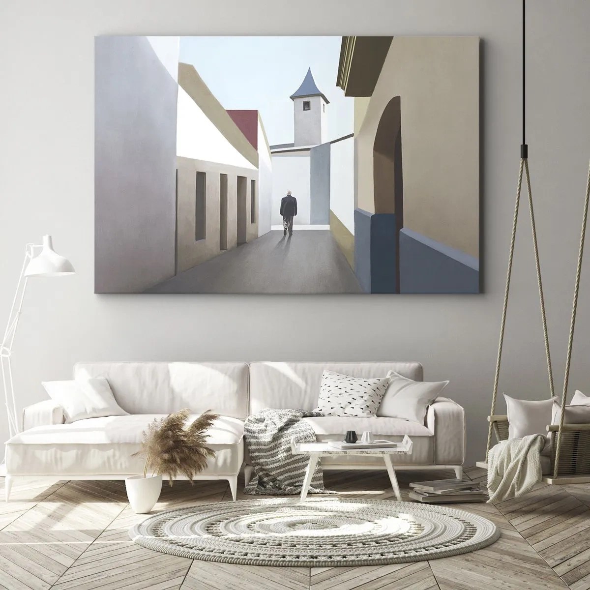 Schilderen op canvas - Een minimalistische straat met een silhouet van een man op de achtergrond - 70x50cm - Een zonnige wandeling - Moderne wanddecoratie voor woonkamer en slaapkamer ARTTOR