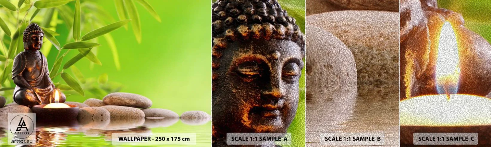 Fotobehang Monster Premium Sand - Het leven is mooi - Boeddha, Bamboe, Spa - 100x30 cm