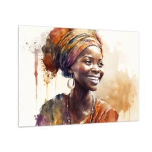 Schilderen op glas - Aquarelportret van een lachende vrouw met een tulband - 70x50cm - Afrikaanse koningin - Moderne wanddecoratie voor woonkamer en slaapkamer ARTTOR