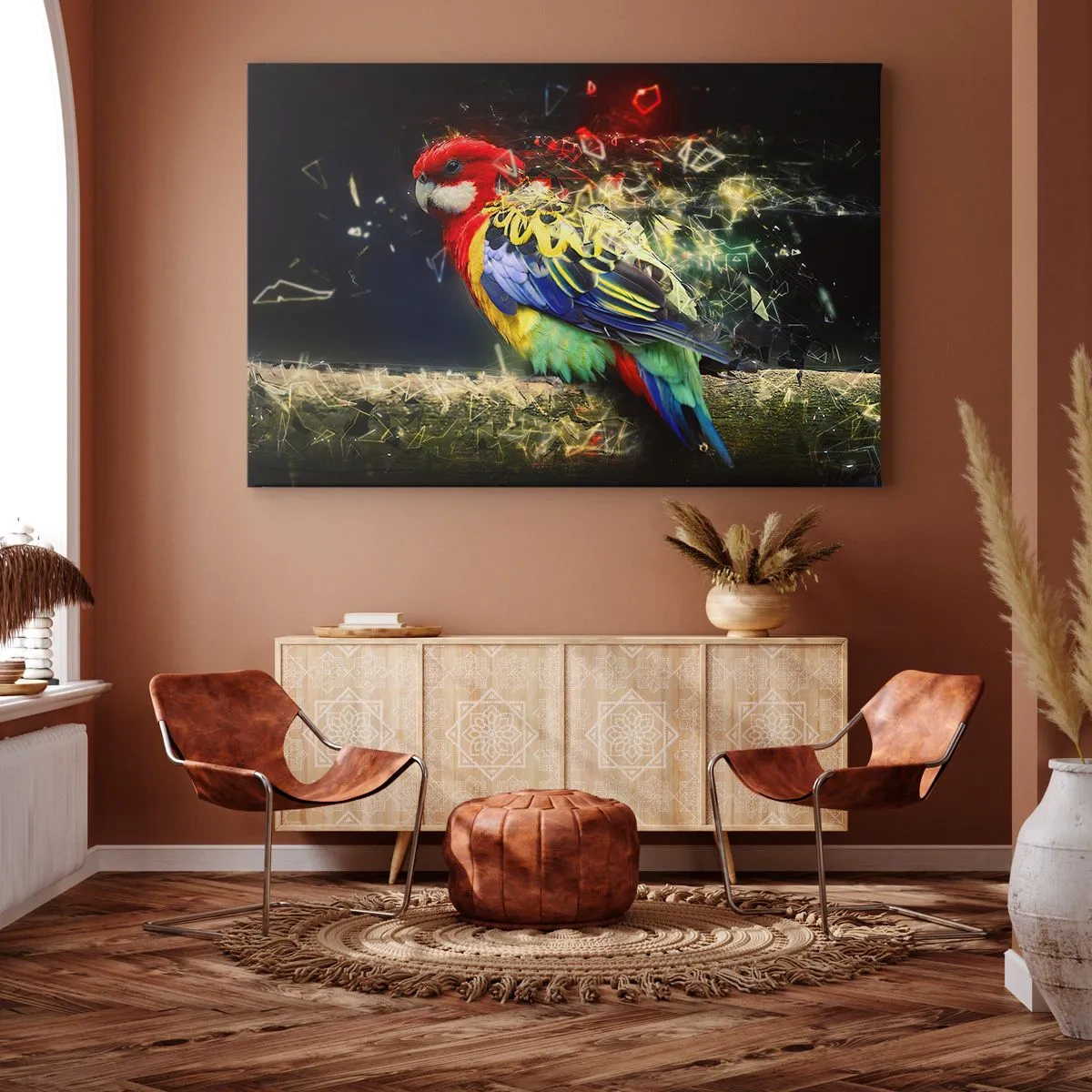 Schilderen op canvas - Een papegaai in levendige kleuren tegen een achtergrond van lichteffecten - 70x50cm - Boodschapper van uitstraling - Moderne wanddecoratie voor woonkamer en slaapkamer ARTTOR