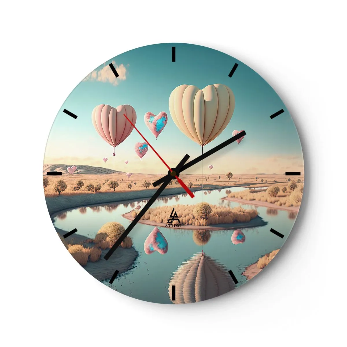 Wandklok - Klok - Hartvormige ballonnen zweven over de rivier - 30x30cm - Liefde laat je vliegen - Moderne wanddecoratie voor woonkamer, keuken en slaapkamer ARTTOR