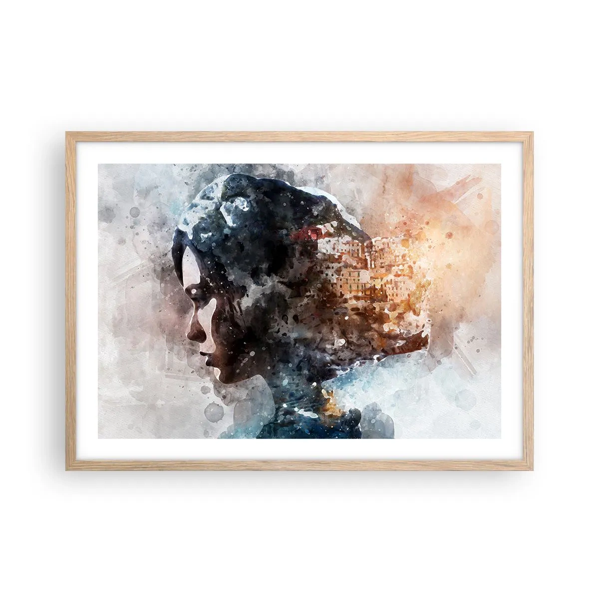 Een poster in een licht eiken lijst - Een verhaal over een meisje met een stad op de achtergrond - 70x50 cm