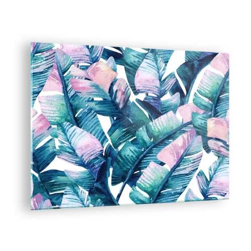 Schilderen op glas - Bananenbladeren in pasteltinten op een witte achtergrond - 70x50cm - In een bananenboomgaard - Moderne wanddecoratie voor woonkamer en slaapkamer ARTTOR