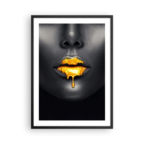 Poster in een zwarte lijst - Gezicht van een zwarte vrouw met oranje verf op haar lippen - 50x70cm - Goldmouth - Moderne wanddecoratie voor woonkamer en slaapkamer ARTTOR