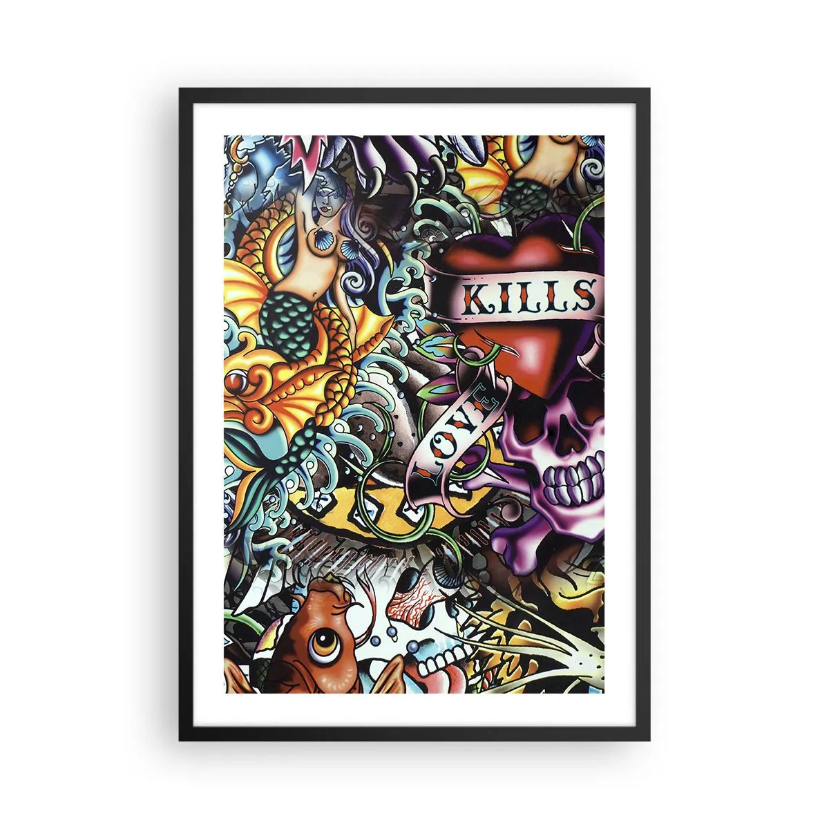 Poster in een zwarte lijst - Abstracte tatoeage met een schedel, hart en inscriptie - 50x70cm - De droom van de tatoeëerder - Moderne wanddecoratie voor woonkamer en slaapkamer ARTTOR
