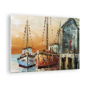 Schilderen op glas - Kleurrijke boten in de jachthaven - 70x50cm - Een vreedzame terugkeer - Moderne wanddecoratie voor woonkamer en slaapkamer ARTTOR