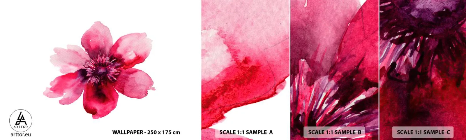 Fotobehang Staaltje Standard Eco - Een karmijnrode geurende kus - Bloem, aquarellen, Grafisch - 100x30 cm