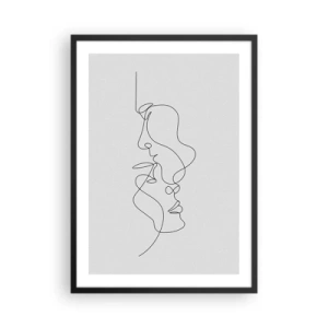 Poster in een zwarte lijst - Een minimalistische omtrek van twee gezichten in zwart op een lichte achtergrond. - 50x70cm - De hitte van bittere verlangens - Moderne wanddecoratie voor woonkamer en slaapkamer ARTTOR