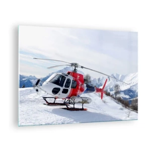 Schilderen op glas - Een rode helikopter in een winters berglandschap - 70x50cm - Altijd klaar - Moderne wanddecoratie voor woonkamer en slaapkamer ARTTOR